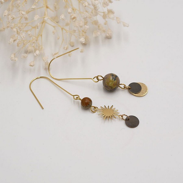 Ohrringe aus Rohmessing Sonne und Steine
