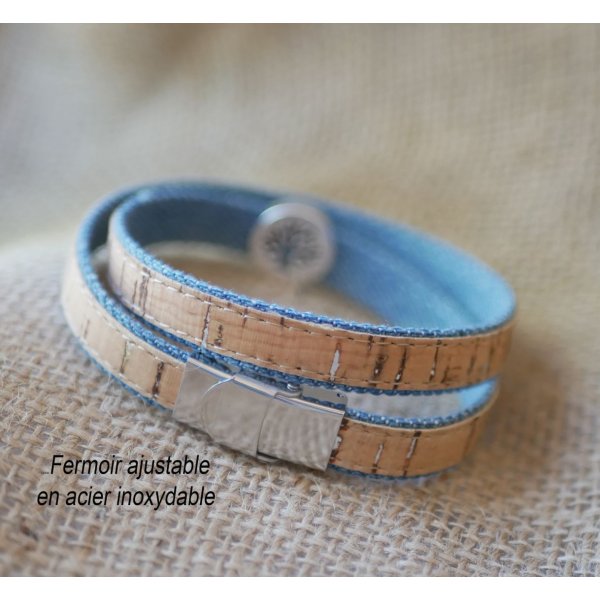 Armband Lebensbaum auf Kork und Jean's Baumwolle in einfacher, doppelter oder dreifacher Drehung