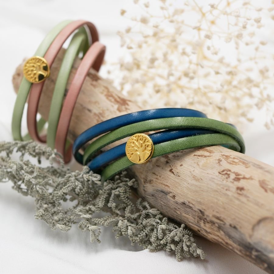 Lederarmband in Duo-Farben anpassbar mit goldenem Cabochon Lebensbaum