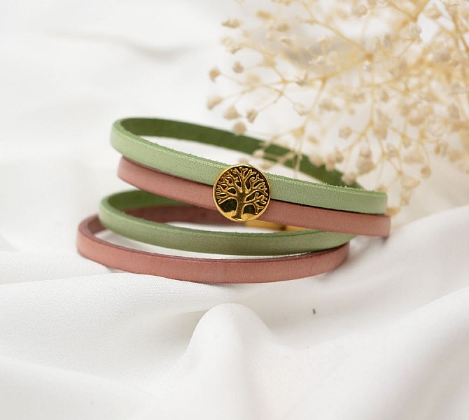 Bracelet cuir bicolore avec cabochon doré Arbre de vie.