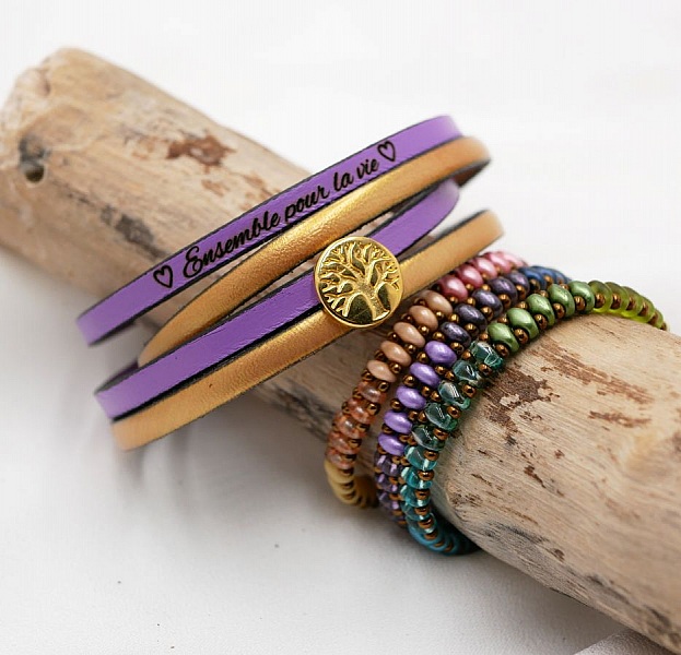 Bracelet cuir personnalisable avec cabochon doré Arbre de vie.