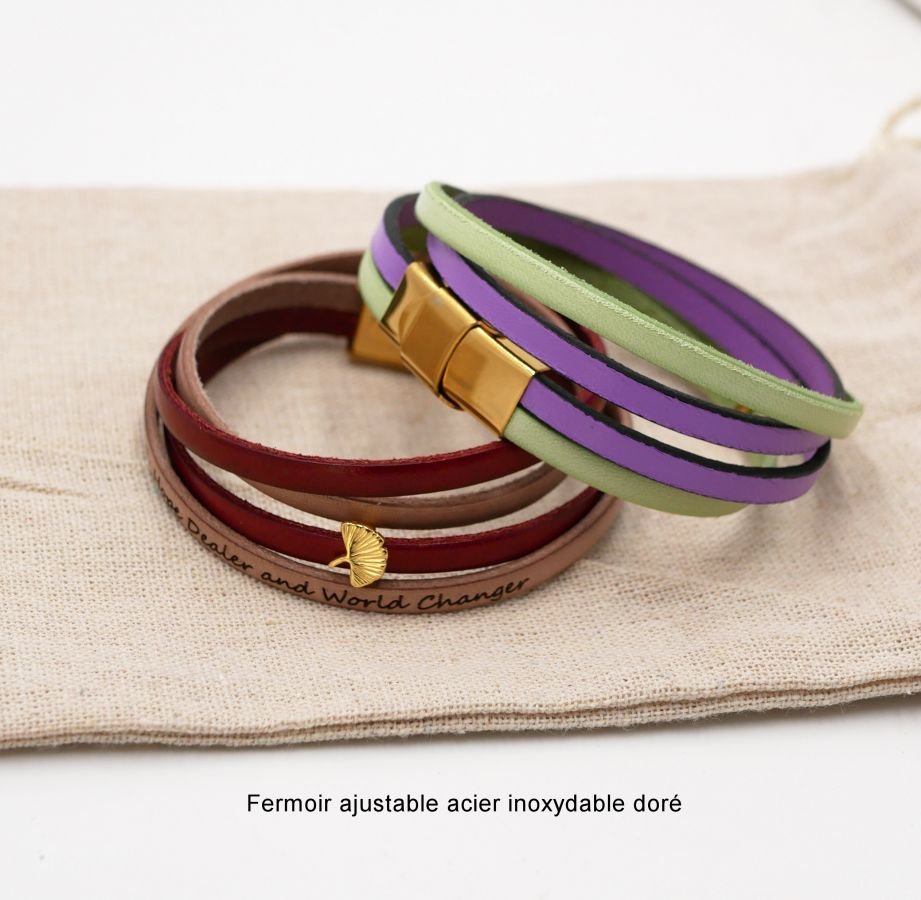 Zen-Lederarmband in Duo-Farben anpassbar mit goldenem Ginkgo 