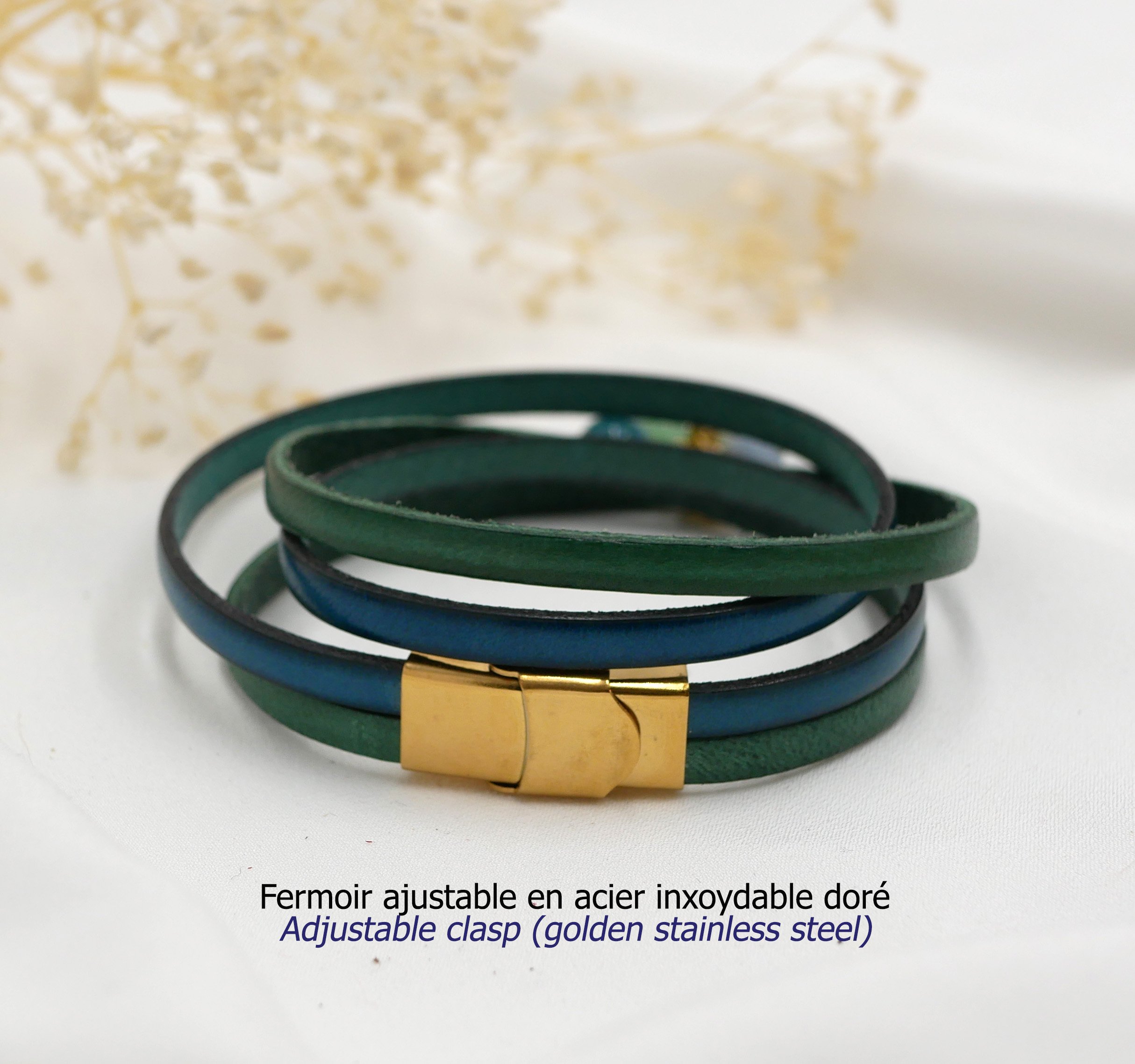 Lederarmband in Duo-Farben anpassbar mit goldenem Cabochon Lebensbaum