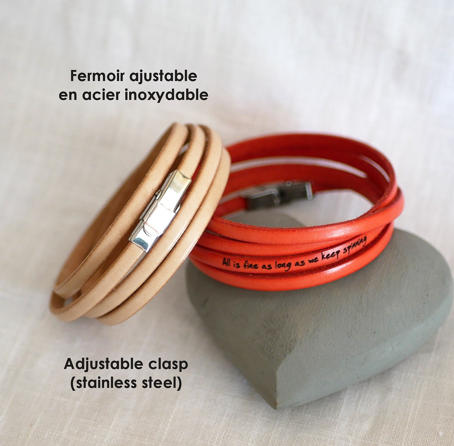 Bracelet en cuir fin 5 tours personnalisé avec fermoir acier.