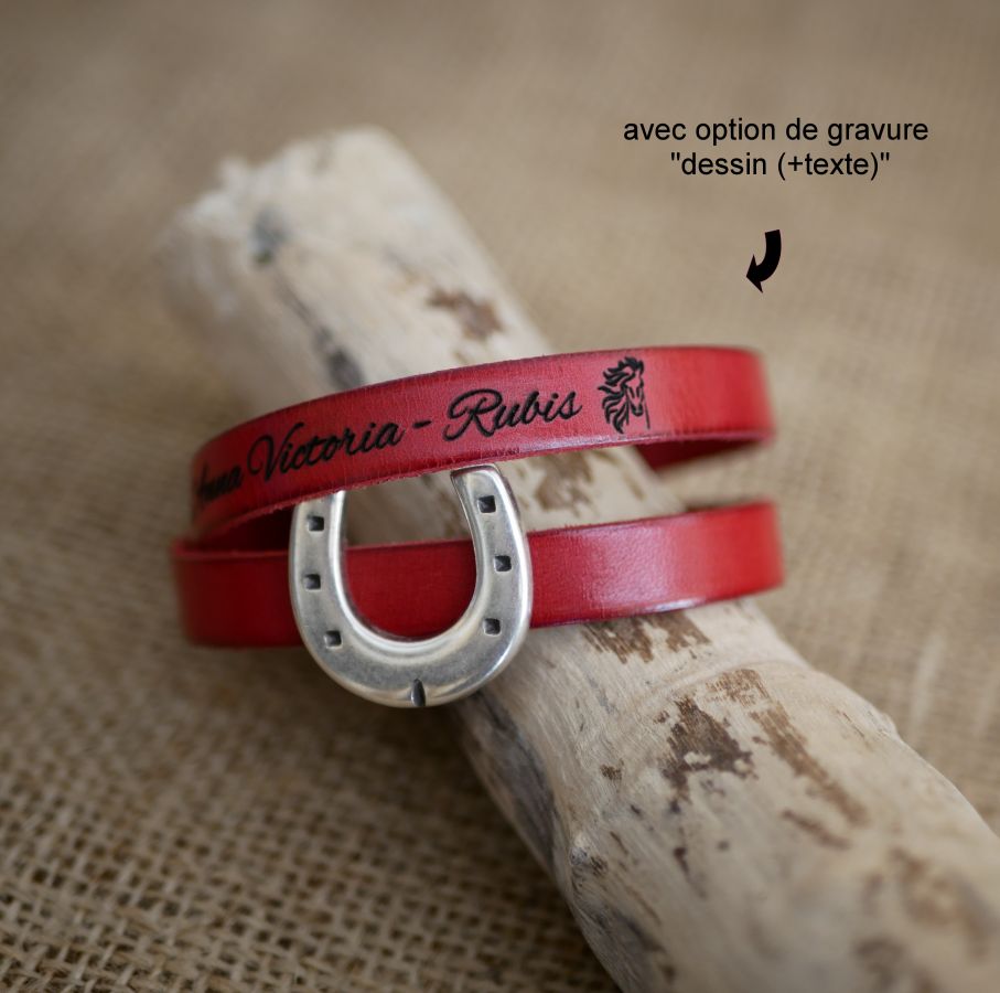 Personalisierbares Lederarmband Hufeisen-Dekor einfache oder doppelte Drehung