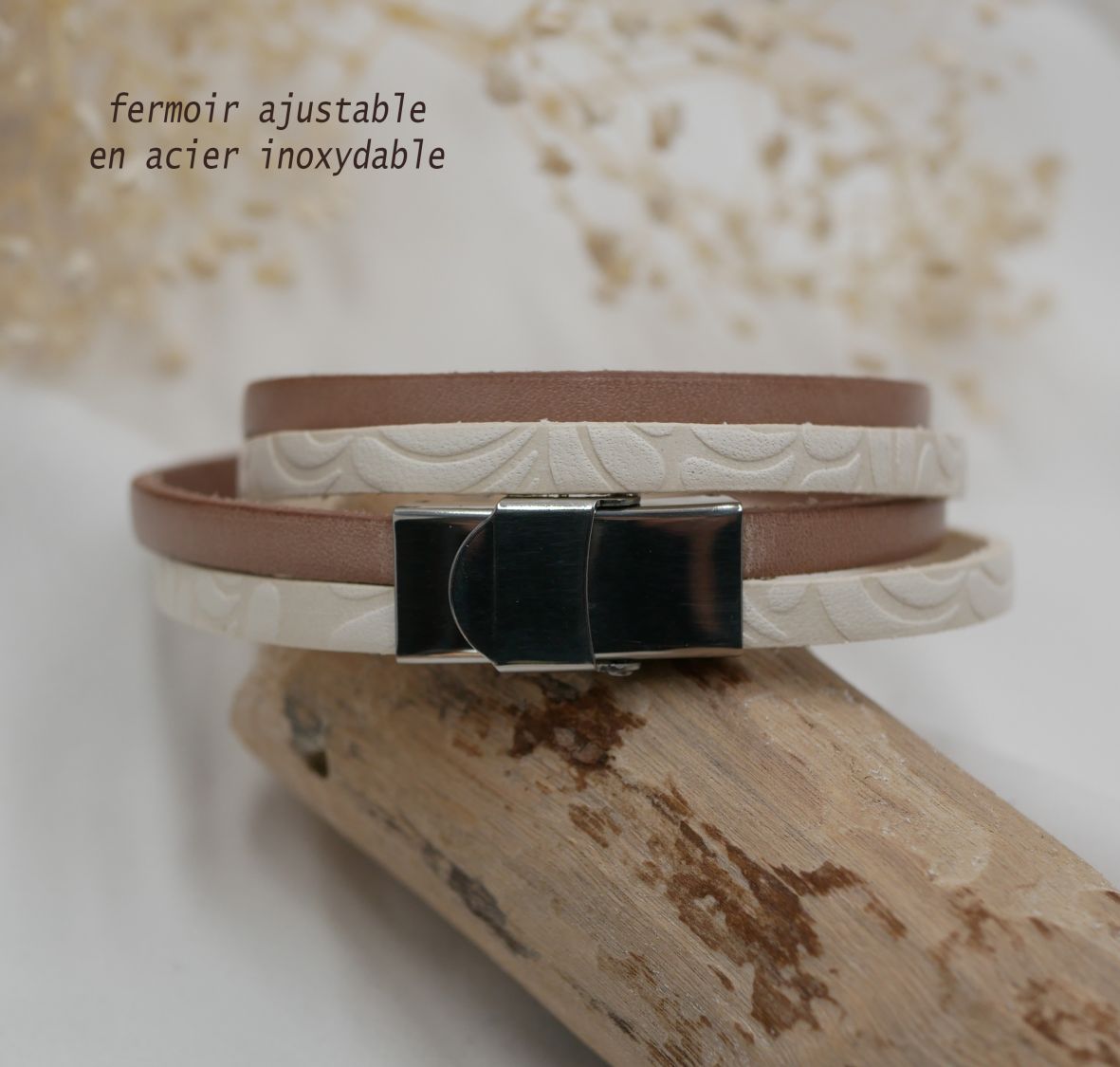 Armband Doppel weißes Leder mit Relief und Farbe nach Wahl zu personalisieren durch Gravur