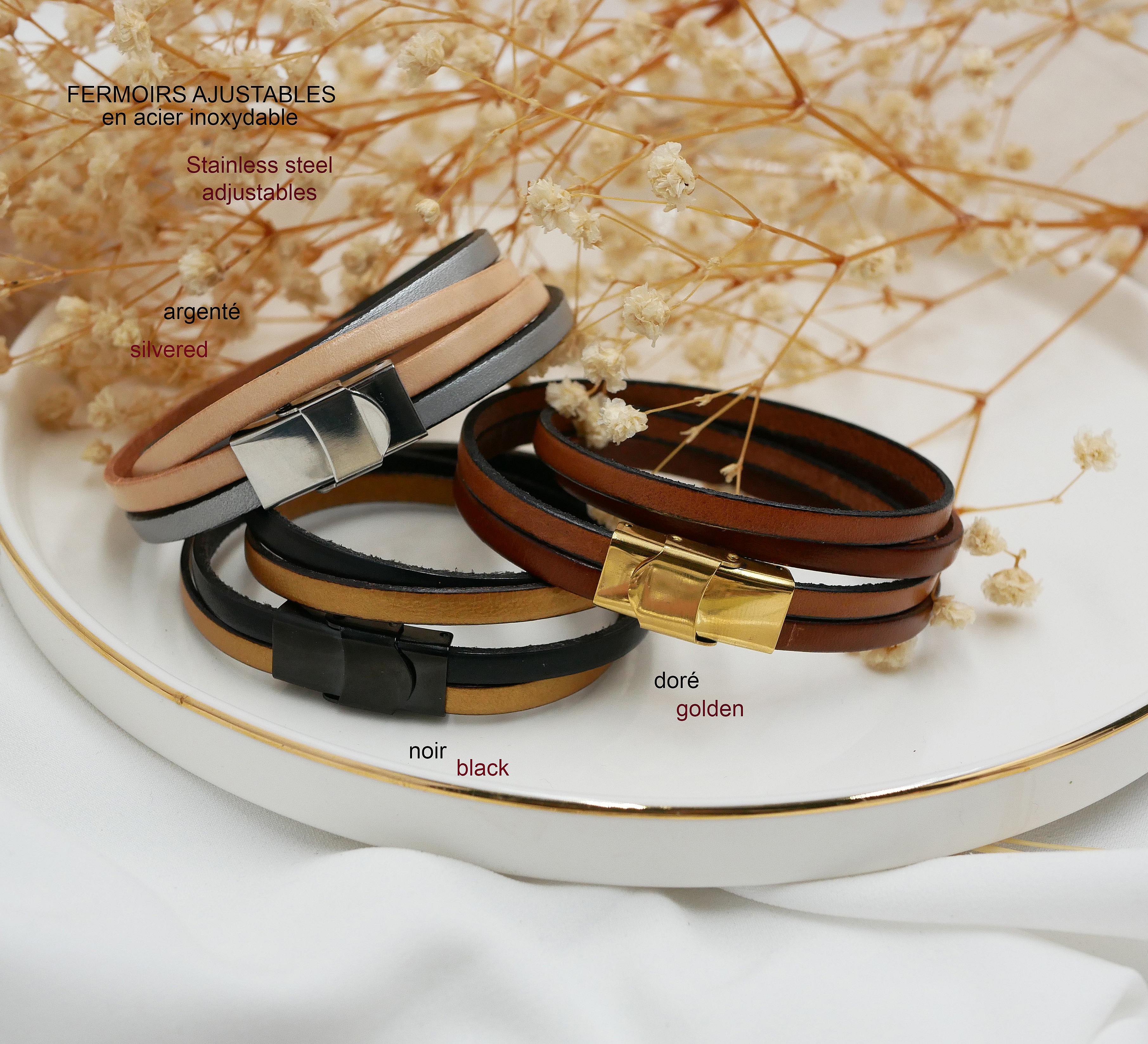 Bracelets personnalisables en cuir avec fermoirs ajustables en acier inoxydable.