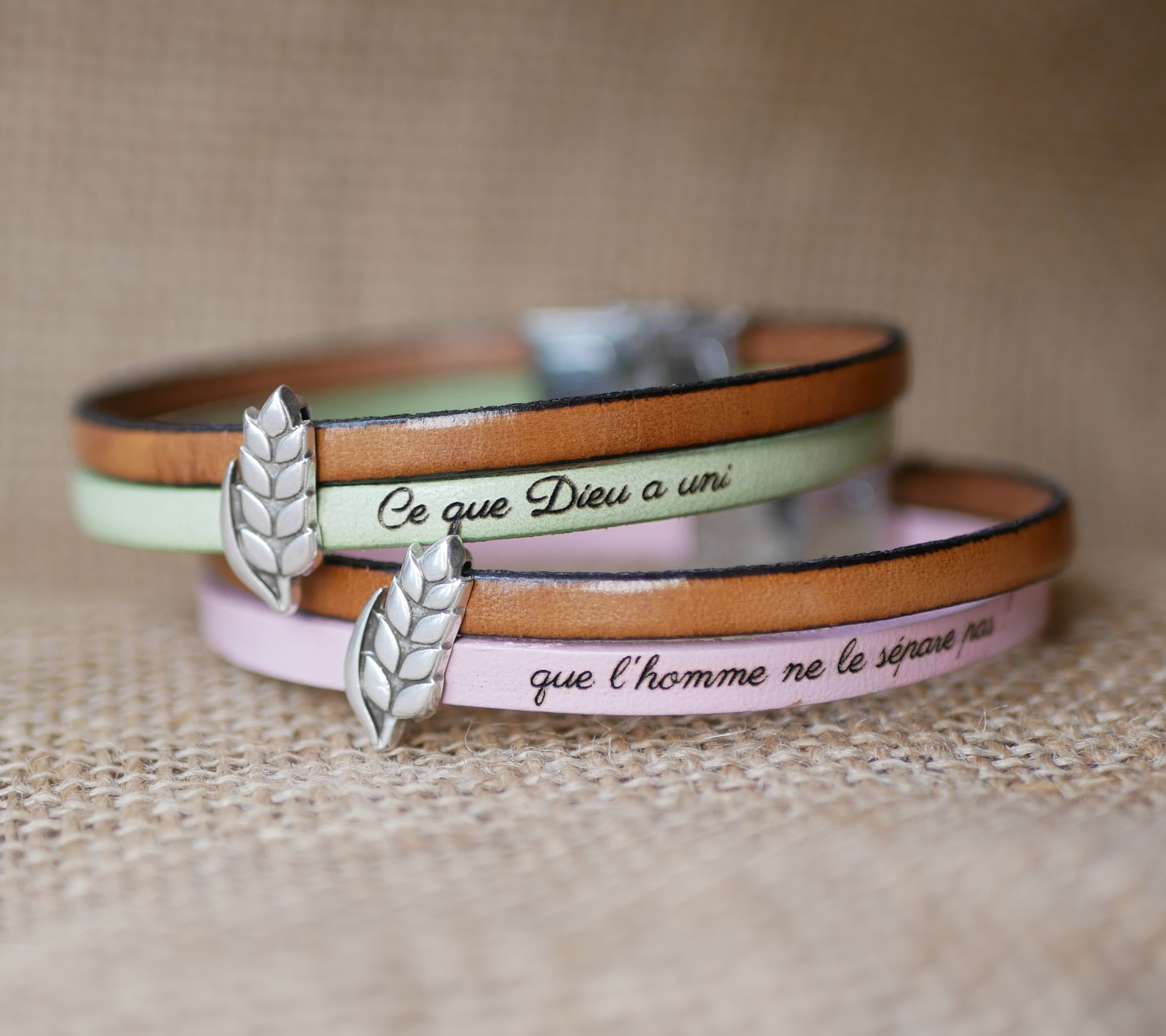 Duo-Lederarmband und Schlaufe Weizenähre anpassbar, Weizenhochzeit Mann und Frau
