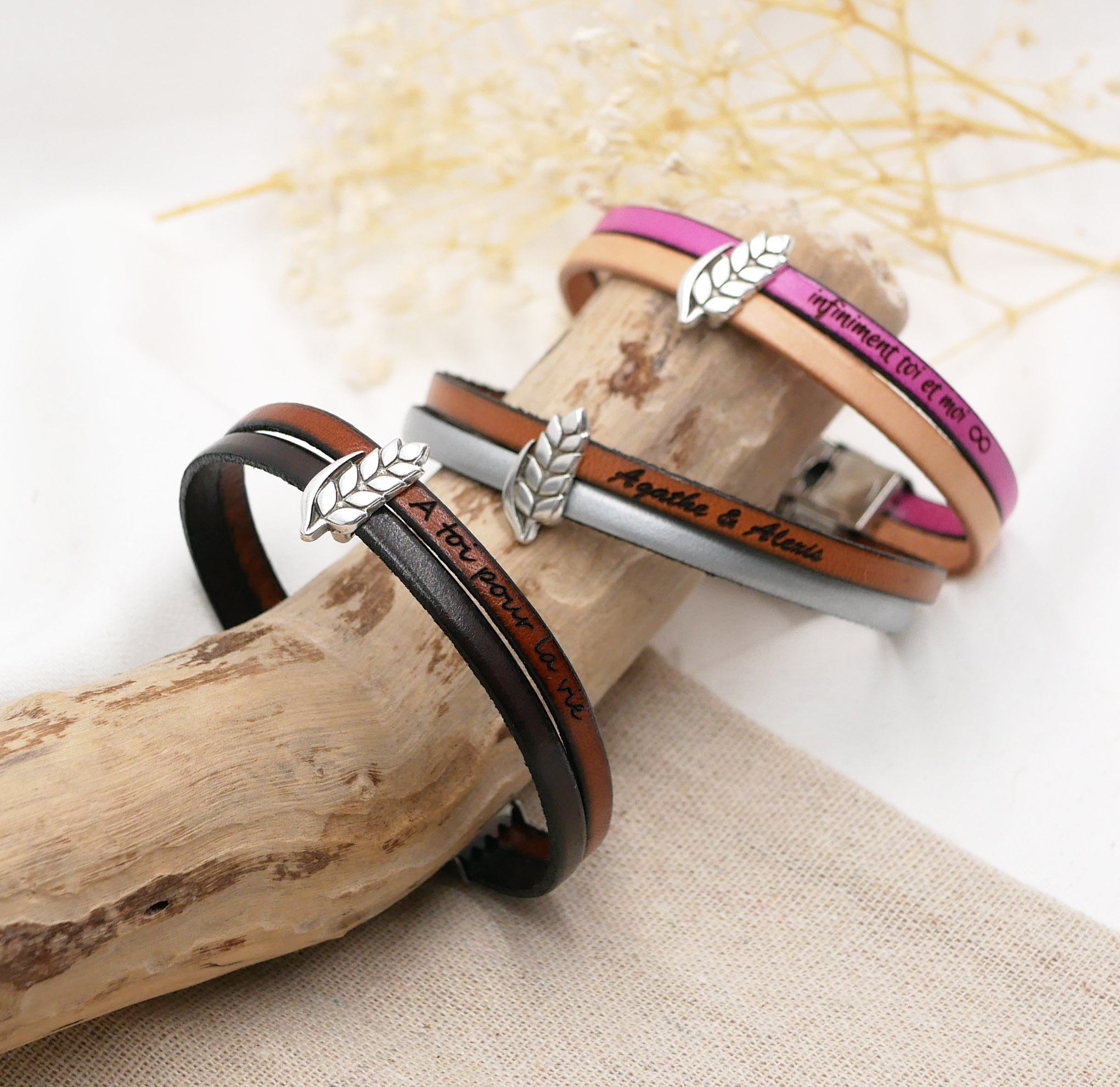 Duo-Lederarmband und Schlaufe Weizenähre anpassbar, Weizenhochzeit Mann und Frau
