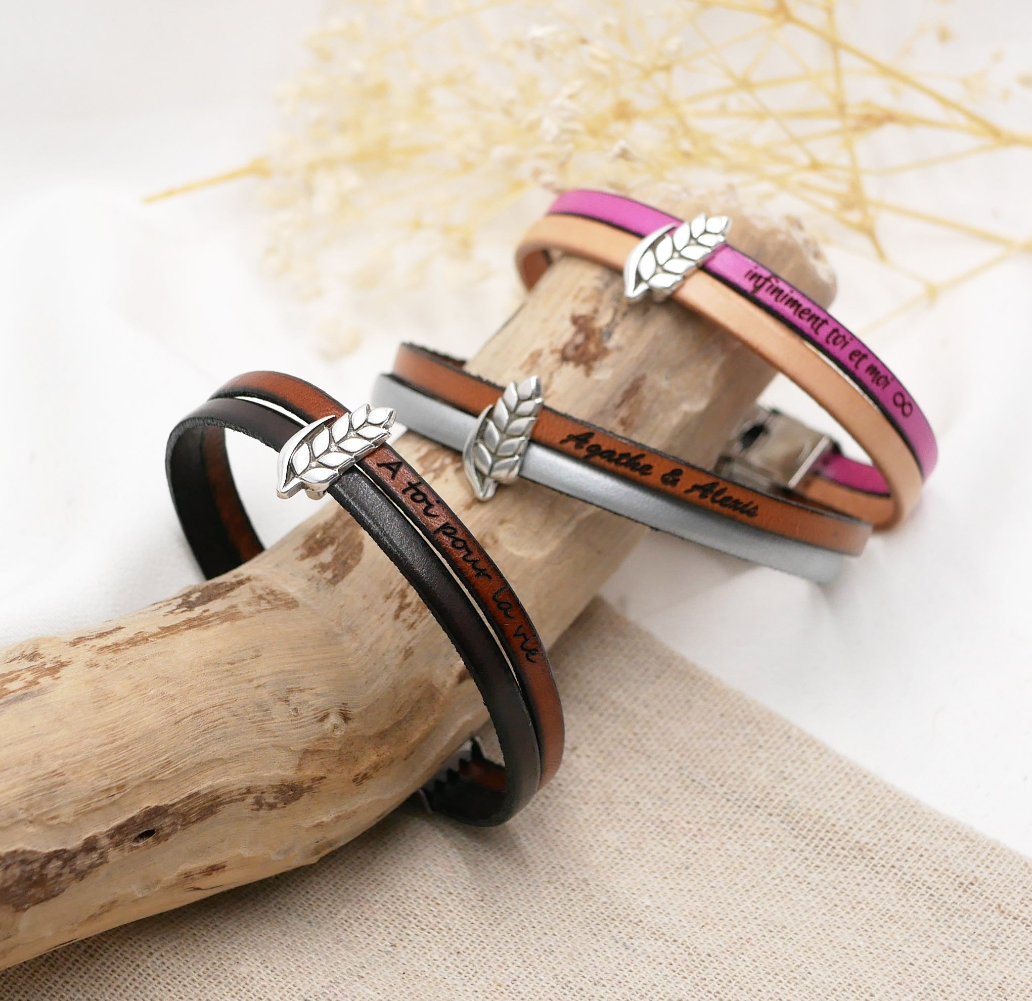 Duo-Lederarmband und Schlaufe Weizenähre anpassbar, Weizenhochzeit Mann und Frau