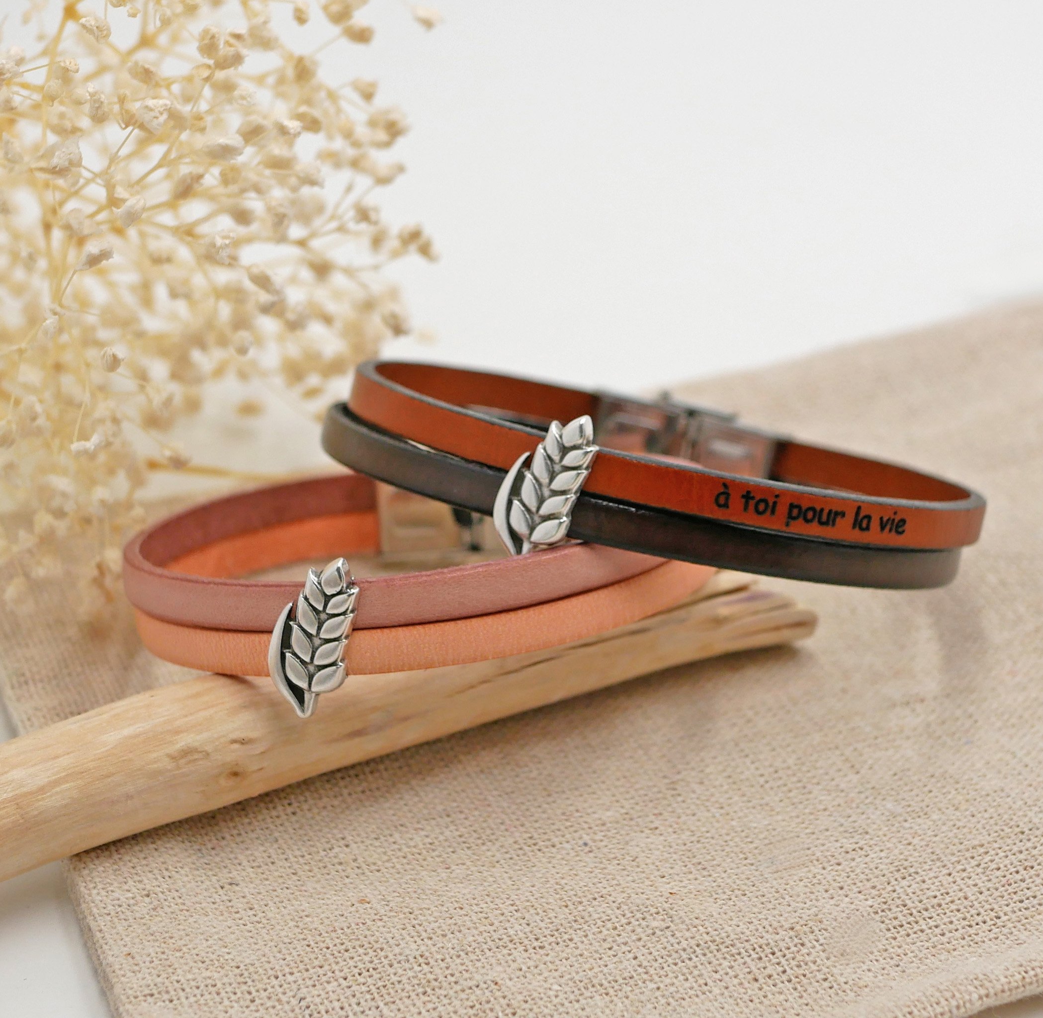 Duo-Lederarmband und Schlaufe Weizenähre anpassbar, Weizenhochzeit Mann und Frau