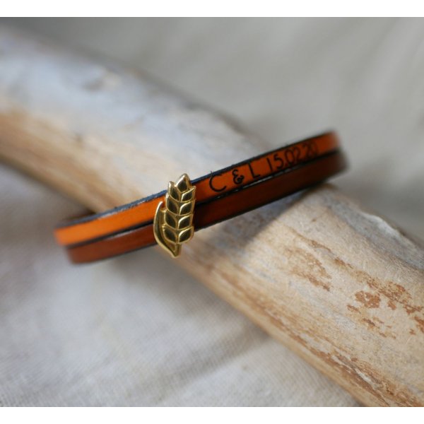 Duo Lederarmband und Schlaufe goldene Weizen&auml;hre personalisierbar, Weizenhochzeitsgeschenk f&uuml;r Frauen