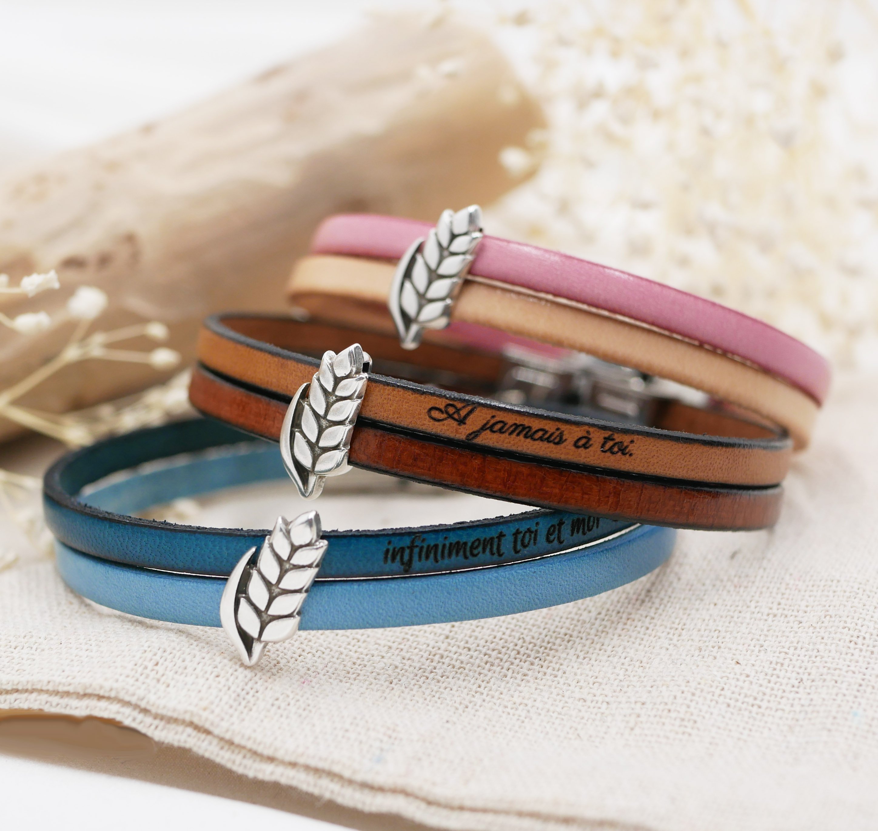 Duo-Lederarmband und Schlaufe Weizen&auml;hre anpassbar, Weizenhochzeit Mann und Frau