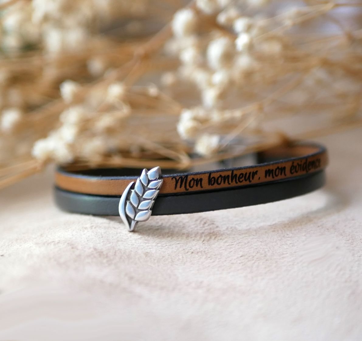 Duo-Lederarmband und Schlaufe Weizenähre anpassbar, Weizenhochzeit Mann und Frau