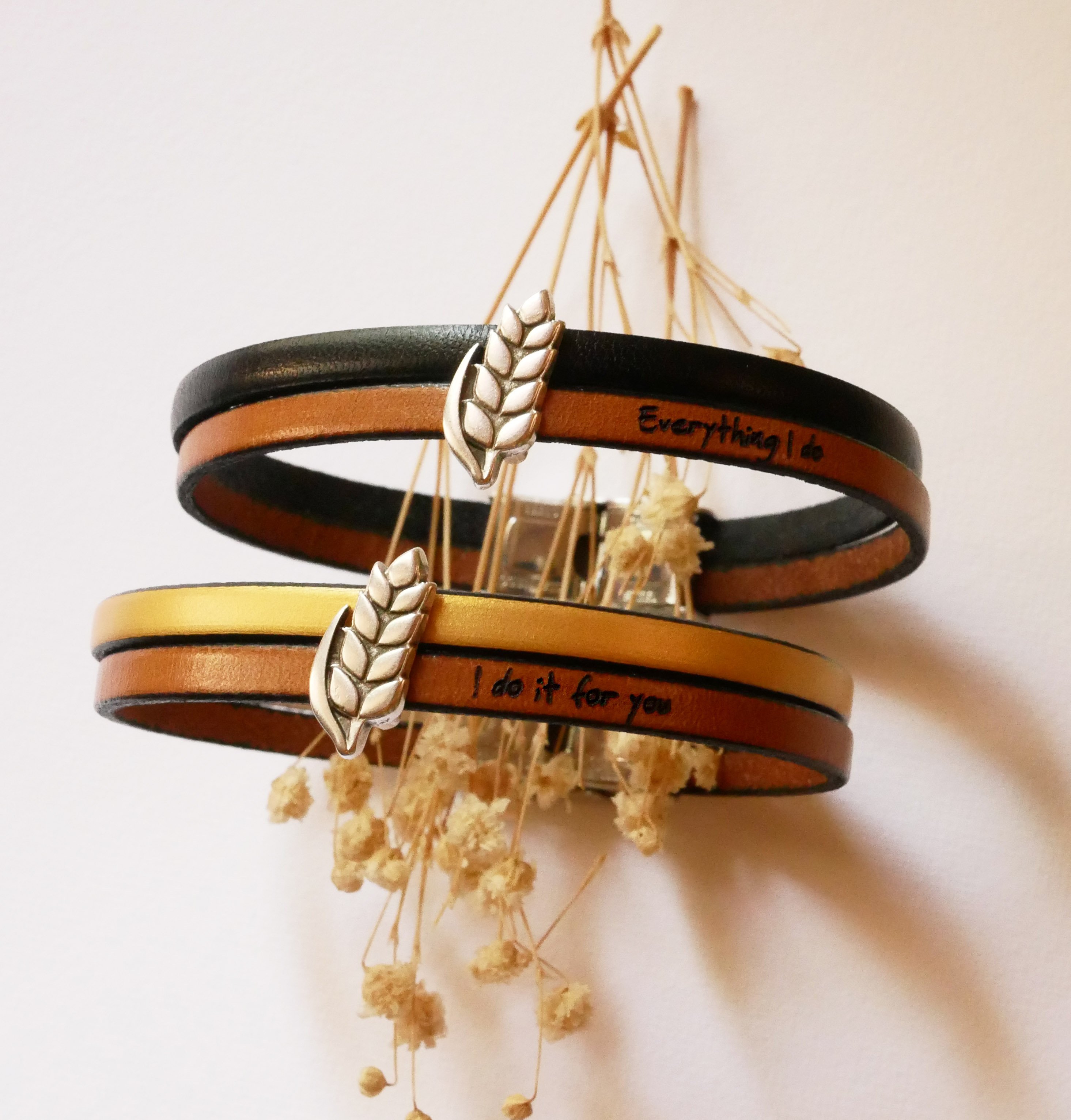 Duo-Lederarmband und Schlaufe Weizenähre anpassbar, Weizenhochzeit Mann und Frau