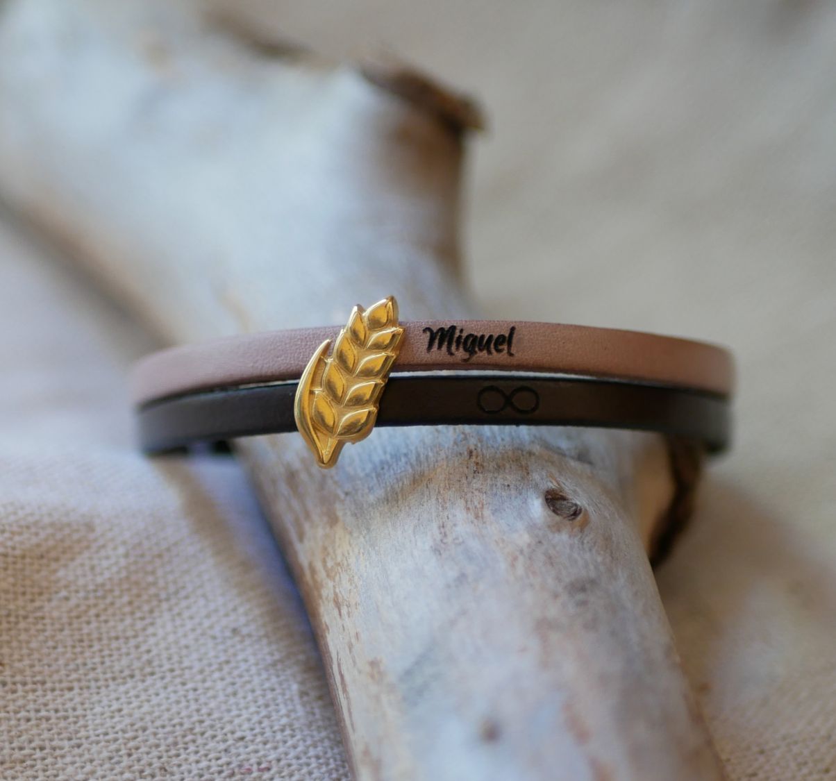 Duo Lederarmband und Schlaufe goldene Weizenähre personalisierbar, Weizenhochzeitsgeschenk für Frauen