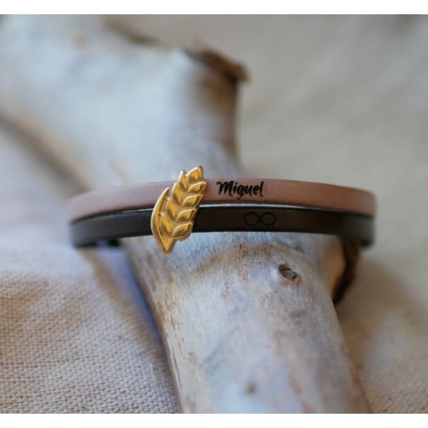 Duo Lederarmband und Schlaufe goldene Weizen&auml;hre personalisierbar, Weizenhochzeitsgeschenk f&uuml;r Frauen