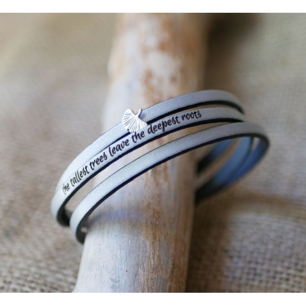 Damenarmband Leder Multiturn Blatt Ginkgo silber anpassbar 