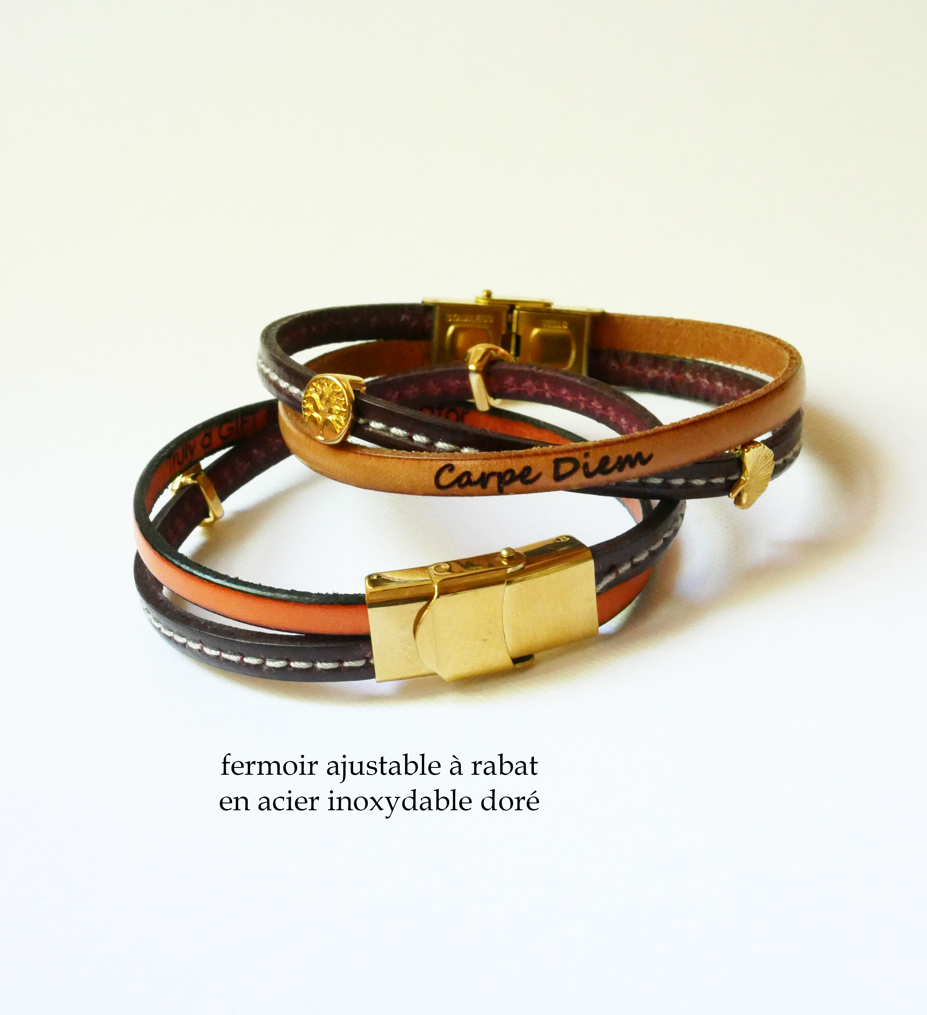 Goldenes Damenarmband Duo aus gekreuztem Leder Twist 