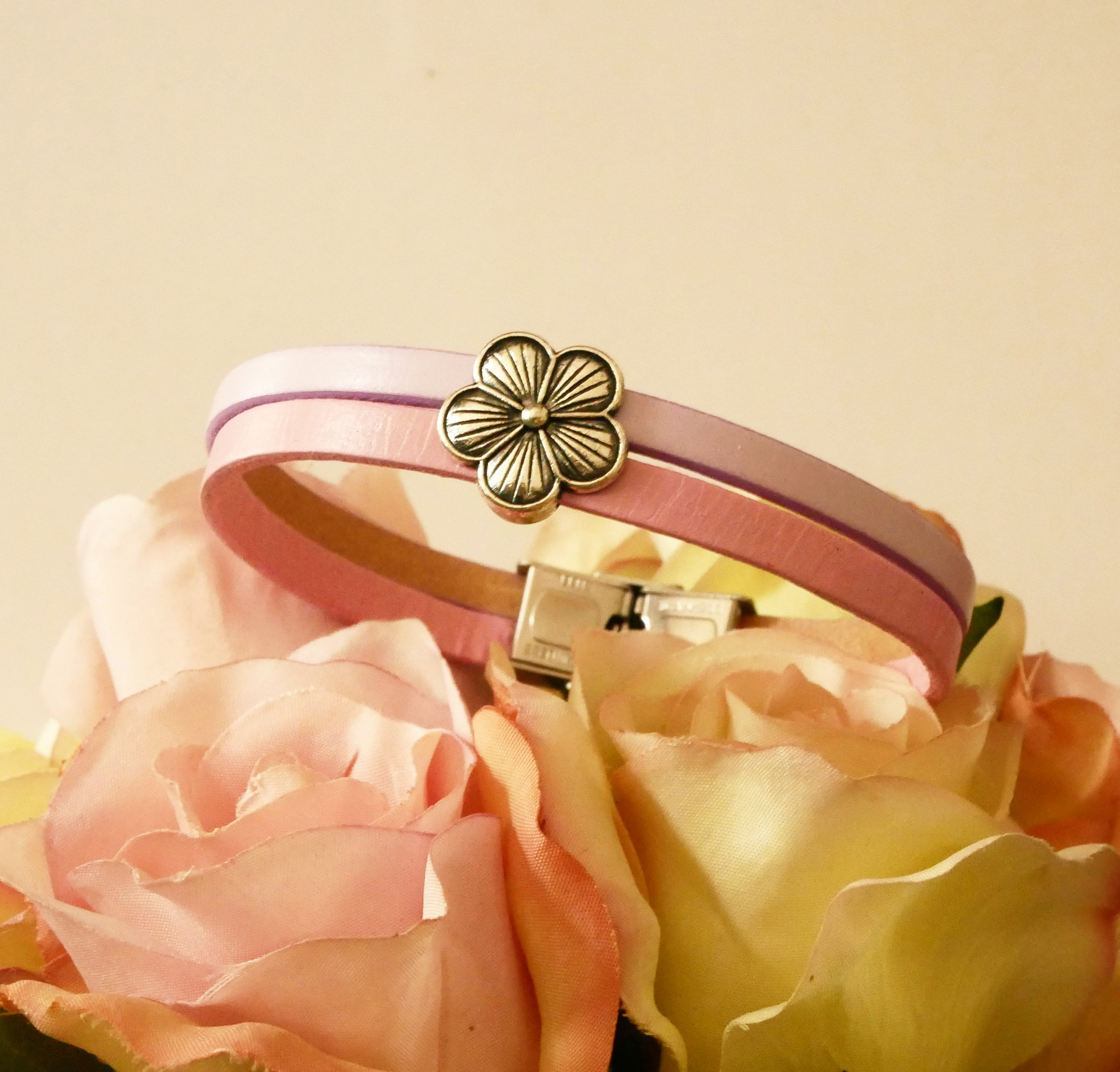 Damenarmband Duo Leder Blume Dekor zu personalisieren 