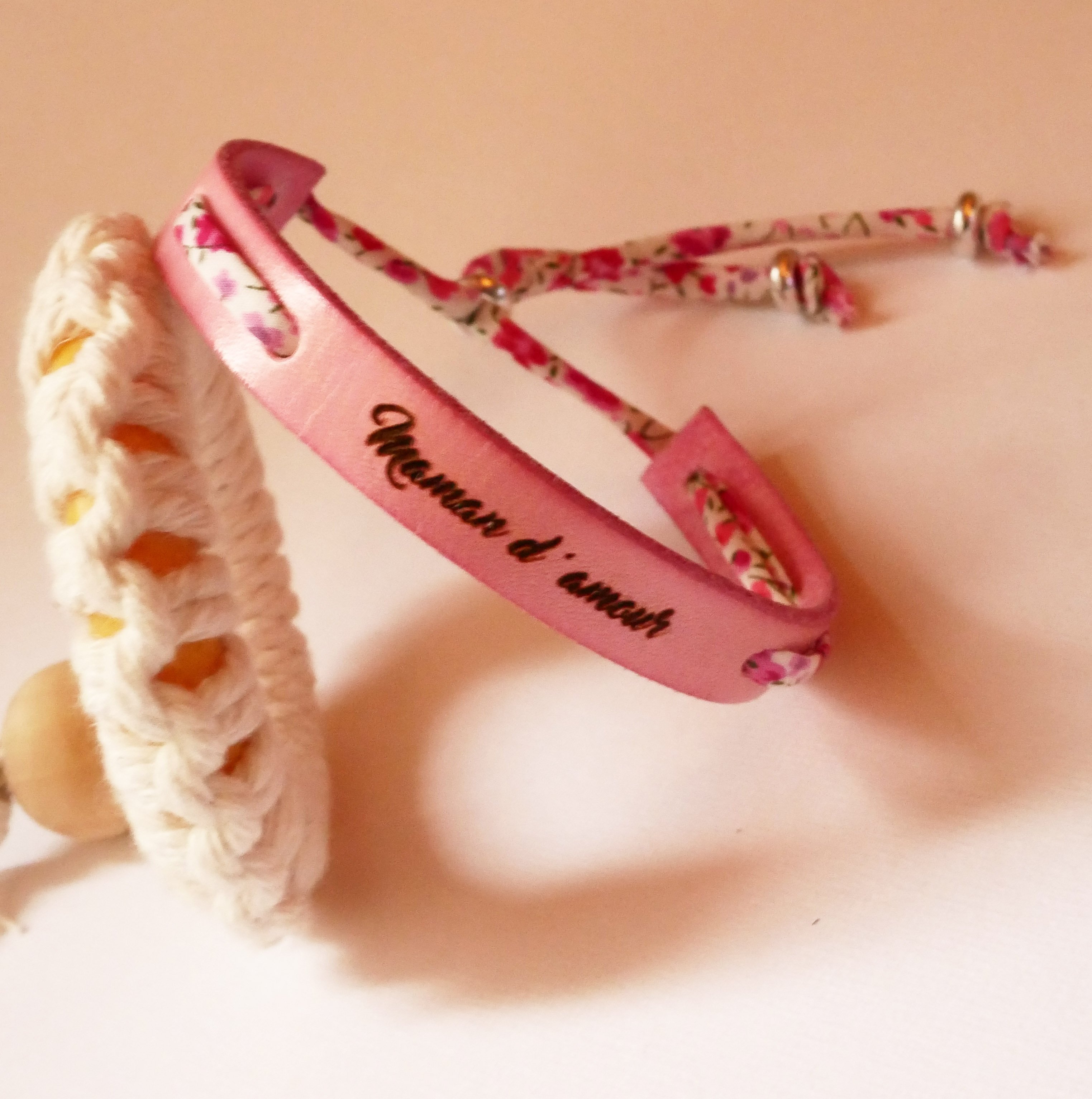 Florame Armband zu personalisieren mit Liberty Cord und Leder nach Wahl zu gravieren