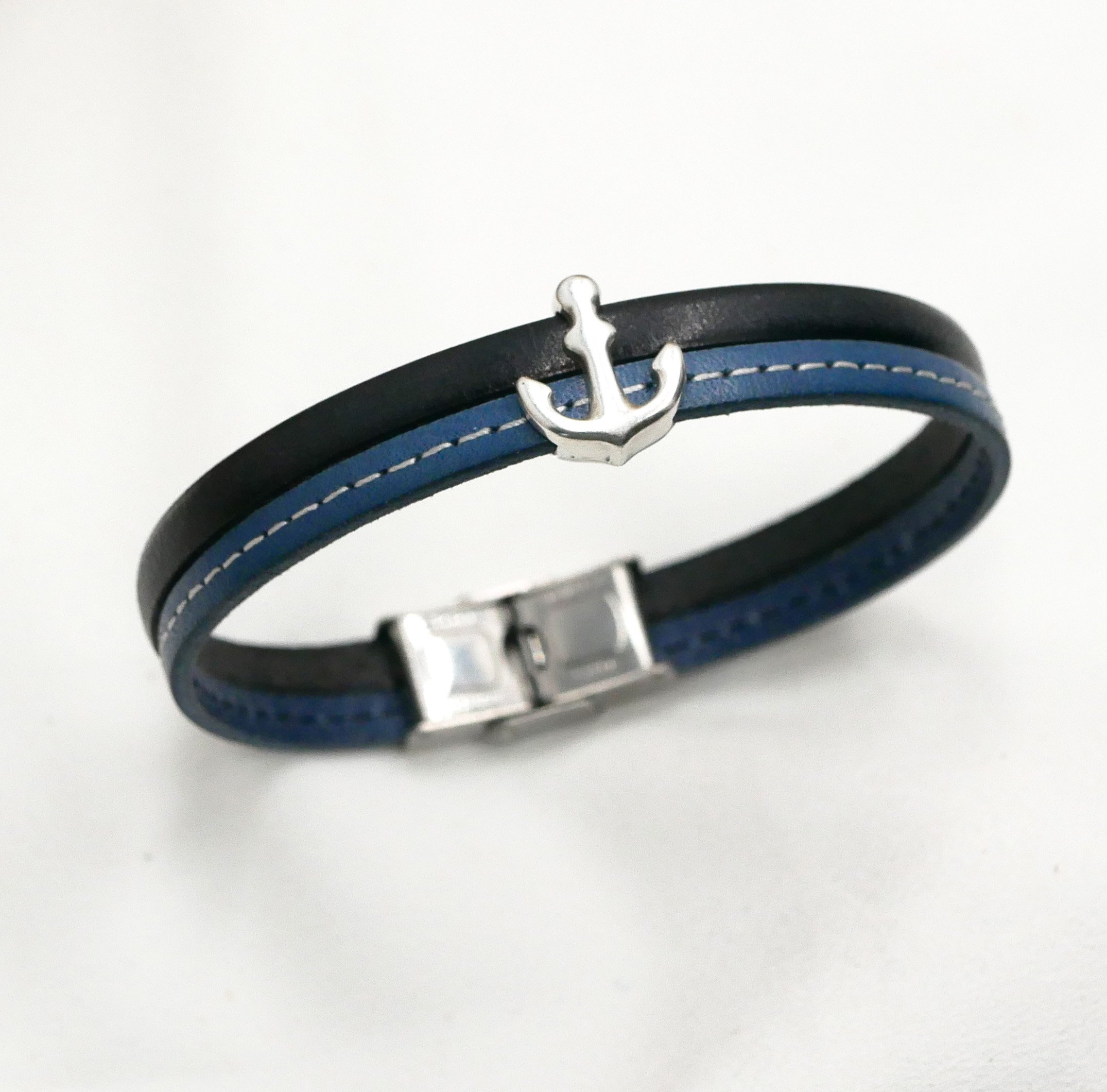 Herrenarmband aus blauem Duoleder mit Steppnähten Marineanker zum Anpassen 