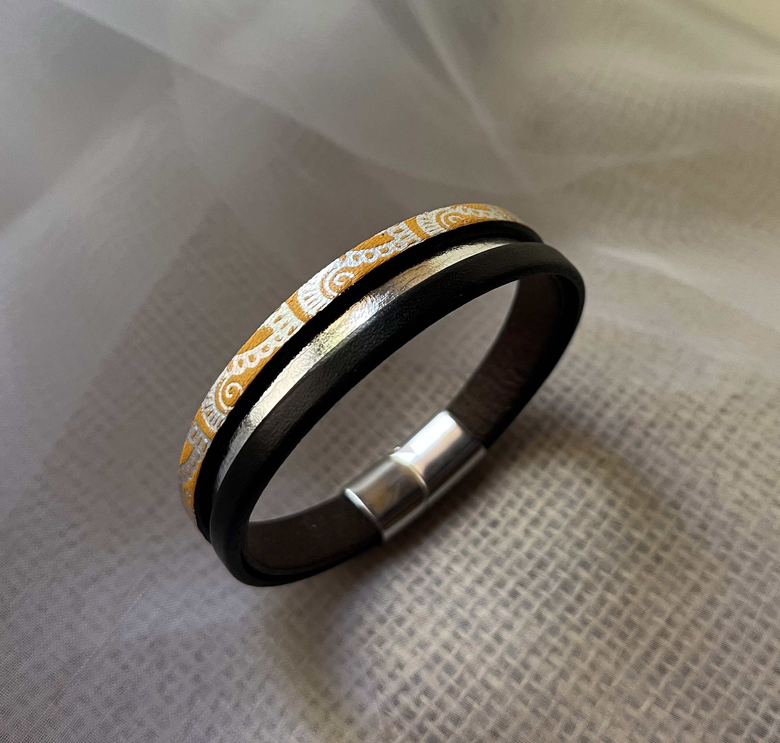 Bracelet manchette femme aux 3 cuirs orange argent&eacute;  fermoir &agrave; extension