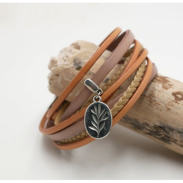 Multi-Leder-Armband Anh&auml;nger beige T&ouml;ne anpassbar 