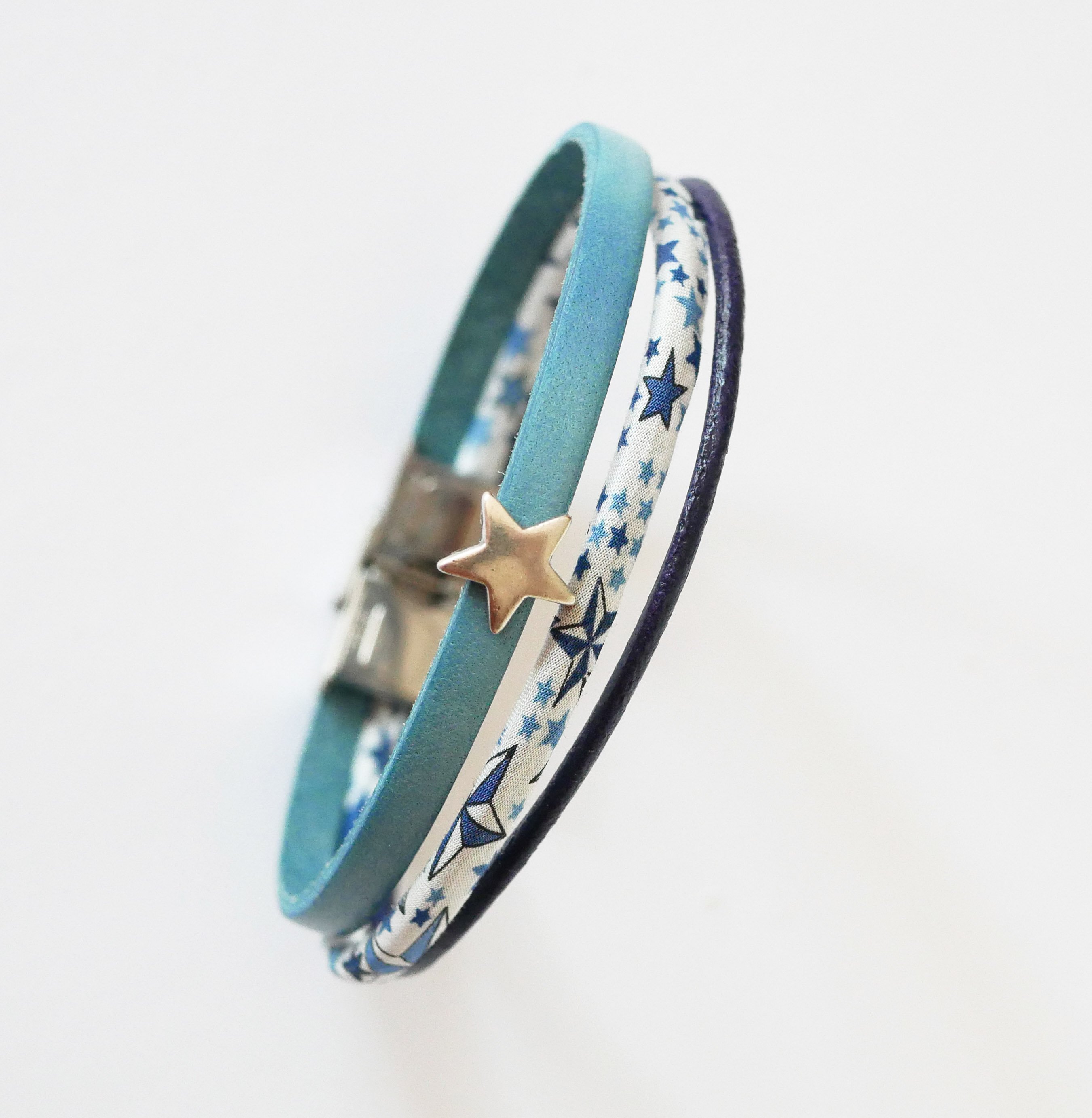Armband Trio aus Leder und Liberty-Kordel Blaue Sterne