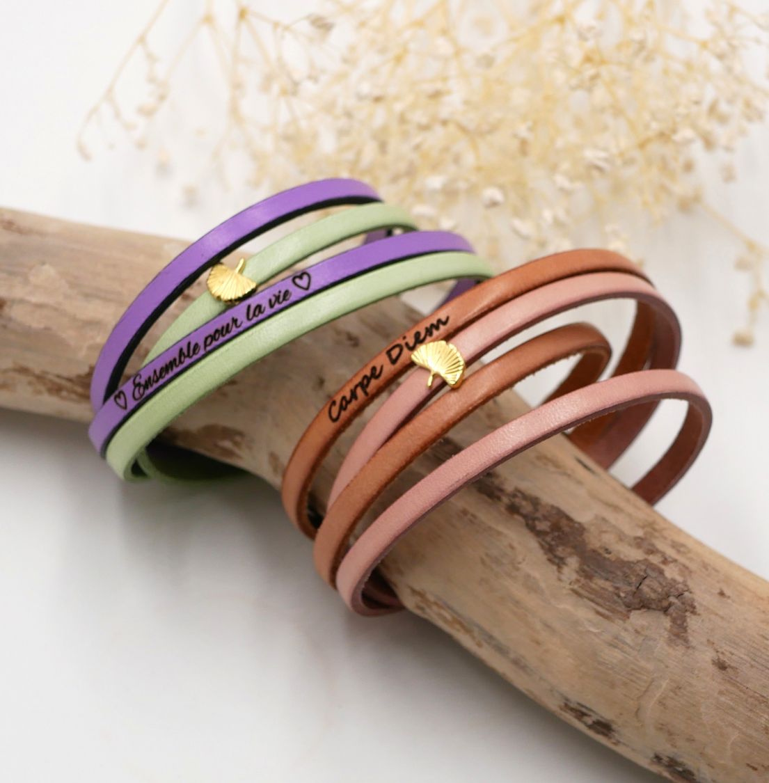 Zen-Lederarmband in Duo-Farben anpassbar mit goldenem Ginkgo 