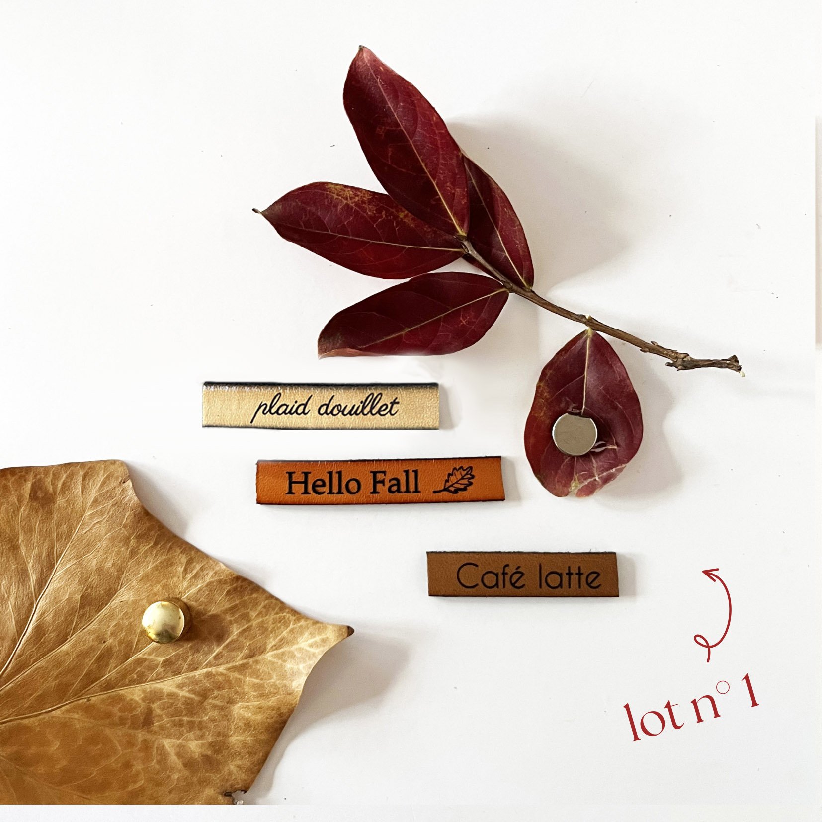 Ensemble magnets en cuir grav&eacute; th&egrave;me automne 