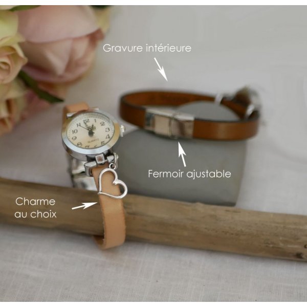 Silberne Uhr mit Charm und Lederarmband mit verstellbarem Verschluss