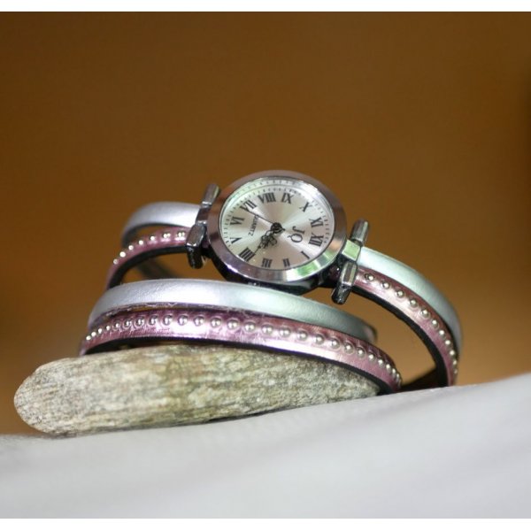 Silberne Armbanduhr mit Doppelarmband aus rosafarbenem Metallic-Leder zum Selbstgestalten 
