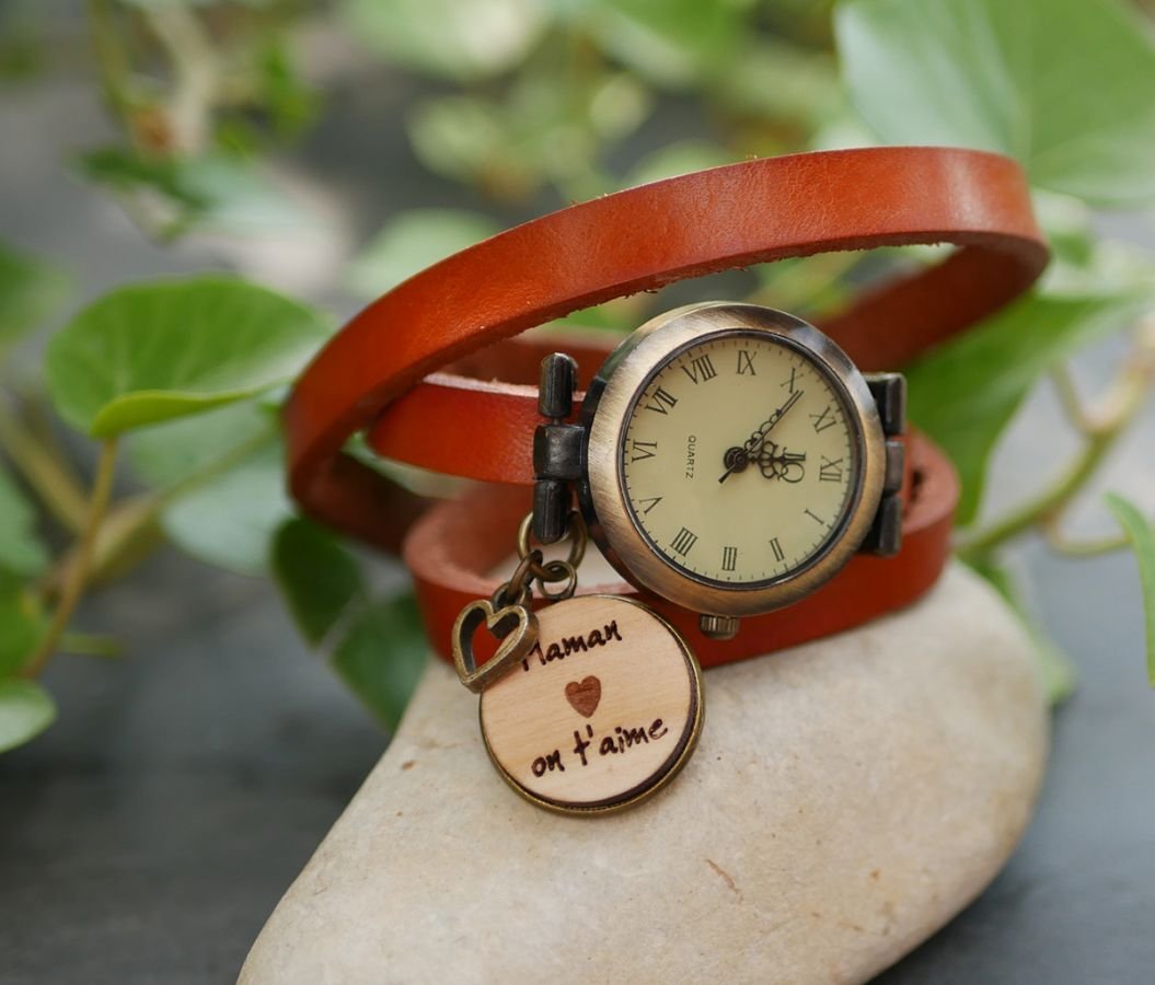 Uhr Lederarmband Cabochon aus Holz zum Gravieren