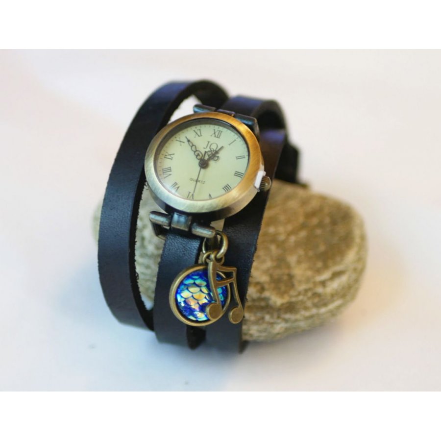 Uhr Lederarmband mit blauem Cabochon-Schuppenmuster