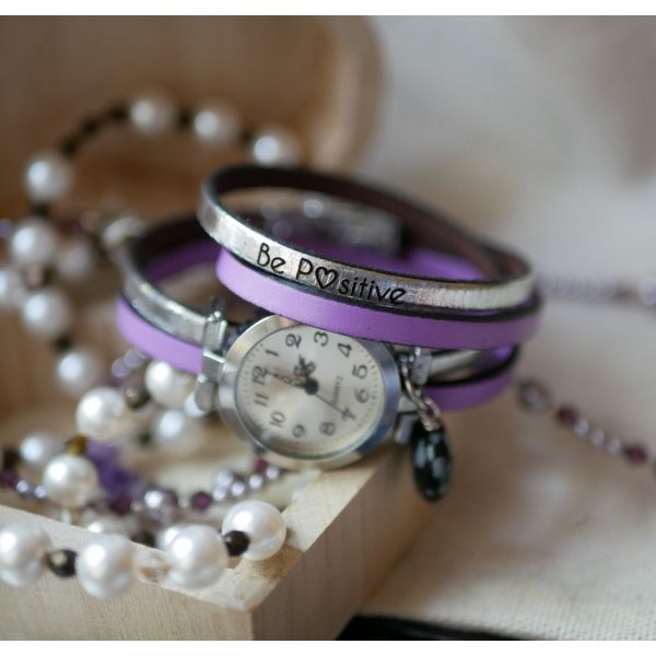 Armbanduhr Doppel Lederarmband mit Obsidian Stein Herz Farben zu personalisieren 