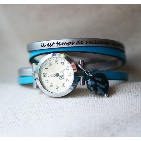 Armbanduhr Doppel Lederarmband mit Obsidian Stein Herz Farben zu personalisieren 