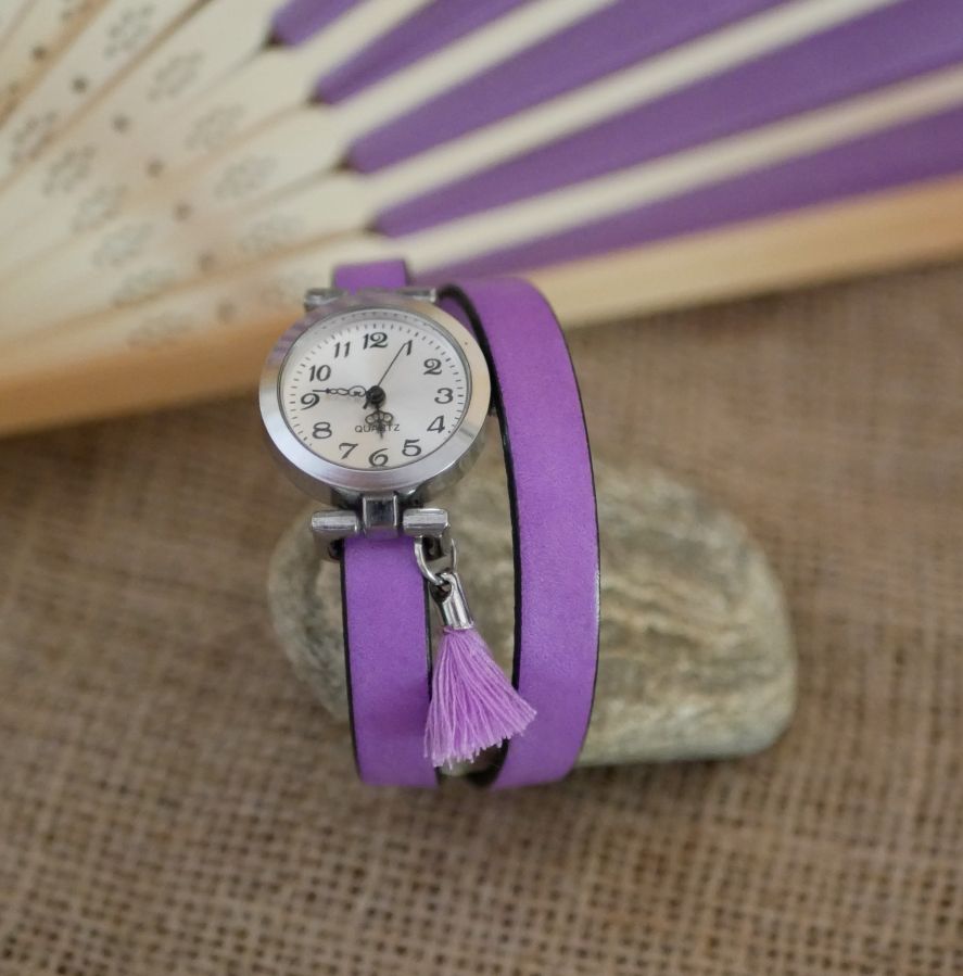 Lederarmbanduhr Lilac 2 oder 3 Runden mit Pompon