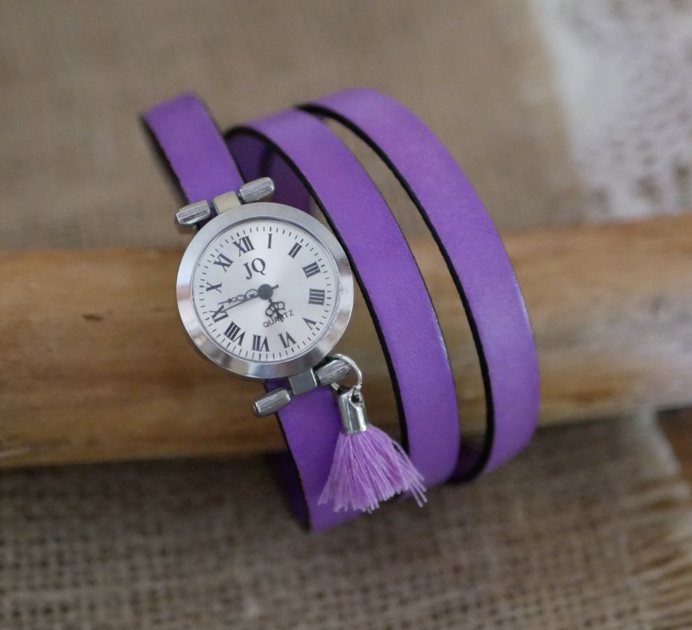 Lederarmbanduhr Lilac 2 oder 3 Runden mit Pompon