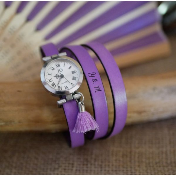 Lederarmbanduhr Lilac 2 oder 3 Runden mit Pompon