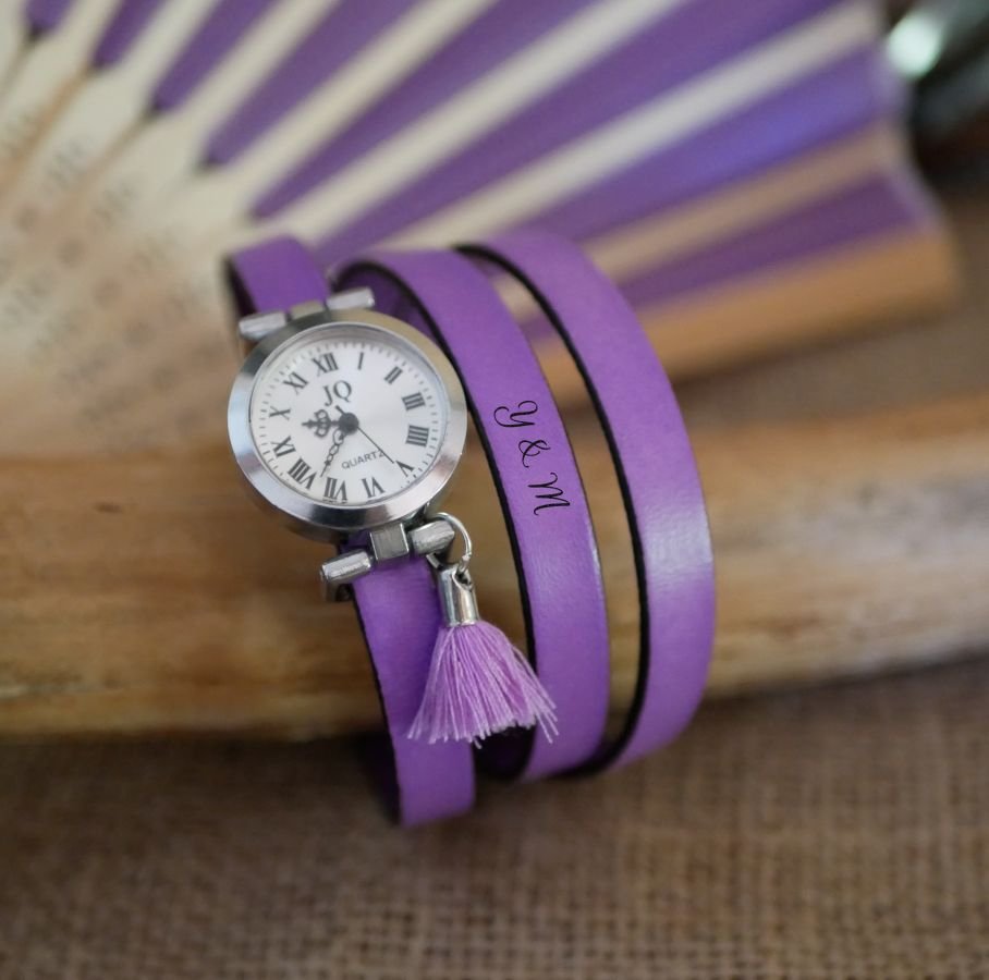 Lederarmbanduhr Lilac 2 oder 3 Runden mit Pompon