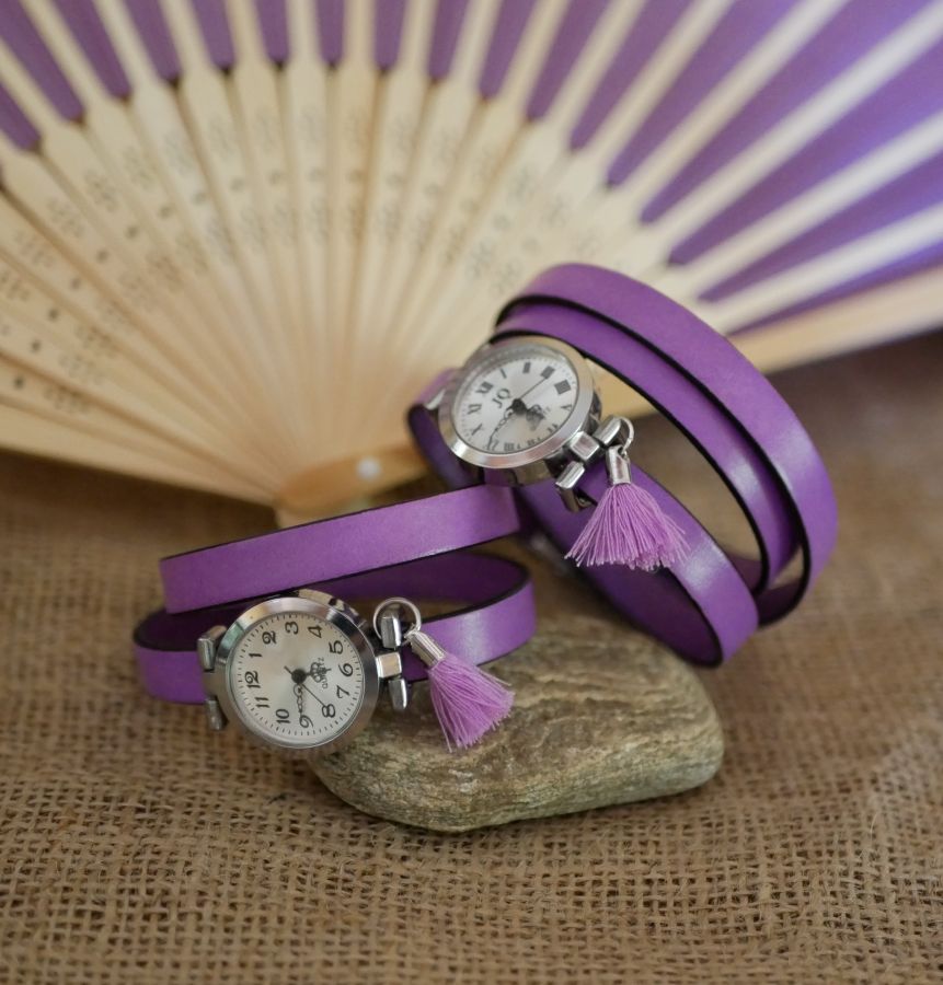 Lederarmbanduhr Lilac 2 oder 3 Runden mit Pompon