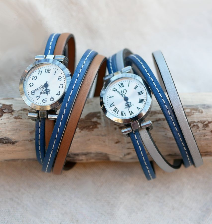 Armbanduhr doppeltes Lederarmband mit Steppnähten Blau und zweite Farbe nach Wahl zum Anpassen 