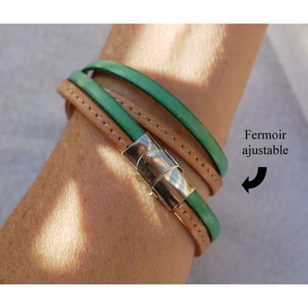 Armbanduhr doppeltes Lederarmband mit Steppn&auml;hten Natur und zweite Farbe nach Wahl zum Anpassen 