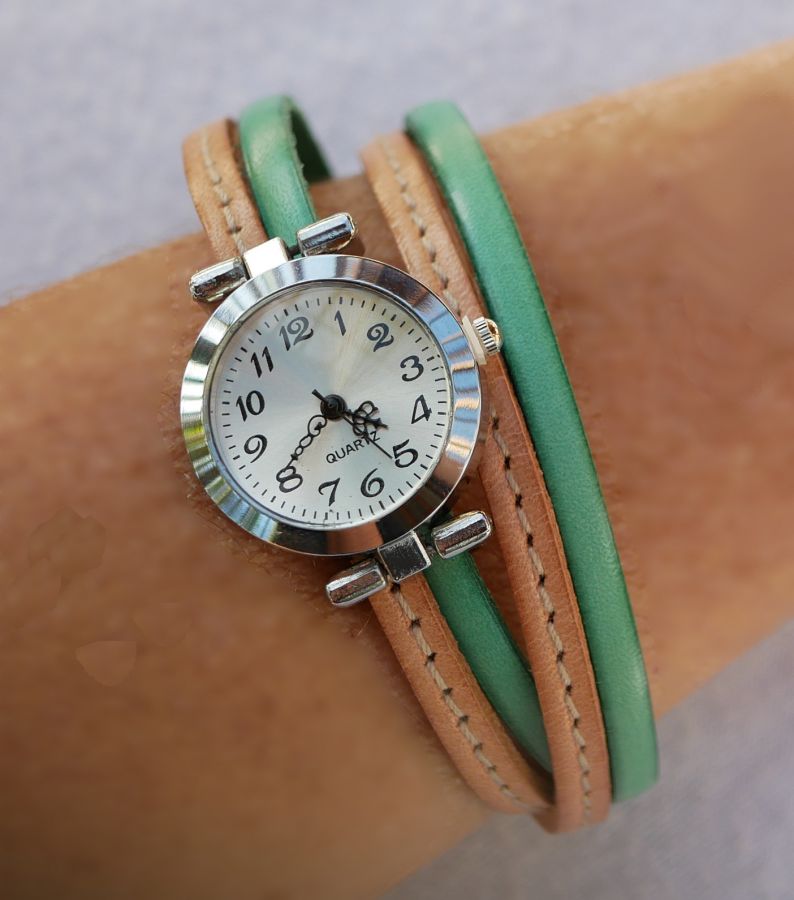 Armbanduhr doppeltes Lederarmband mit Steppnähten Natur und zweite Farbe nach Wahl zum Anpassen 