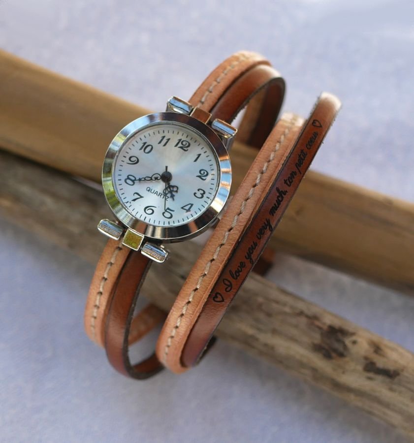 Armbanduhr doppeltes Lederarmband mit Steppnähten Natur und zweite Farbe nach Wahl zum Anpassen 
