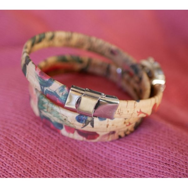 Armbanduhr Armbanduhr aus Kork mit Blumenmuster 3 T&uuml;rme Charm rote Perle 