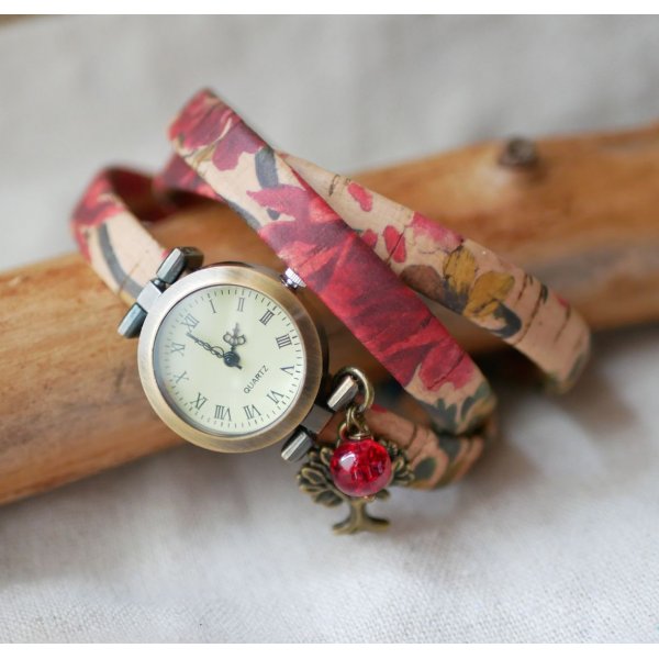 Armbanduhr Armbanduhr aus Kork mit Blumenmuster 3 T&uuml;rme Charm rote Perle 