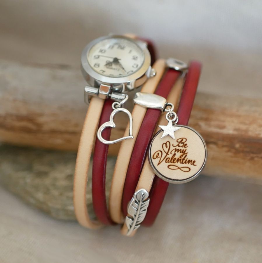 Armbanduhr triple tour in duo Leder und Holz Cabochon zu personalisieren 