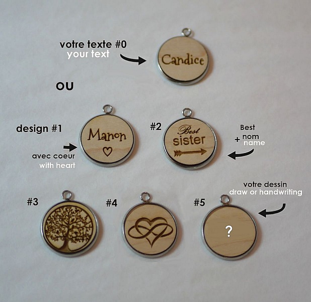 Exemples de gravures personnalisables pour médaillons en bois.